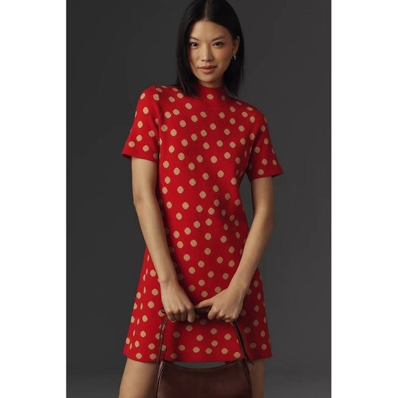 Anthropologie Nina Mod Sweater Dress Red Gold Polka Dot 1X S/S Mock Neck - Picture 2 of 9
